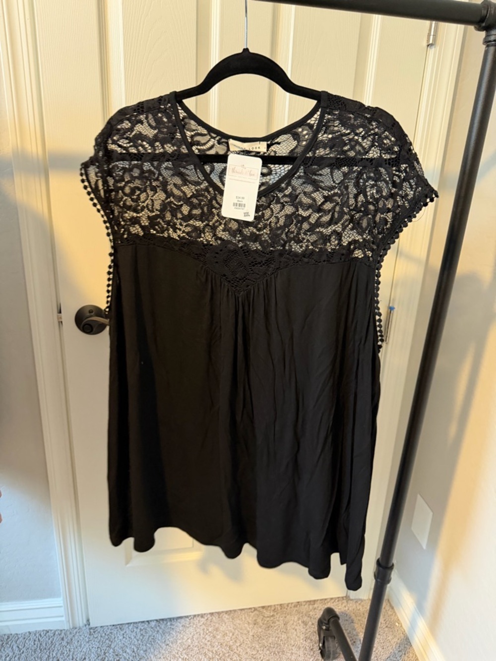 First Looks Black Lace Yoke Short Sleeve Blouse